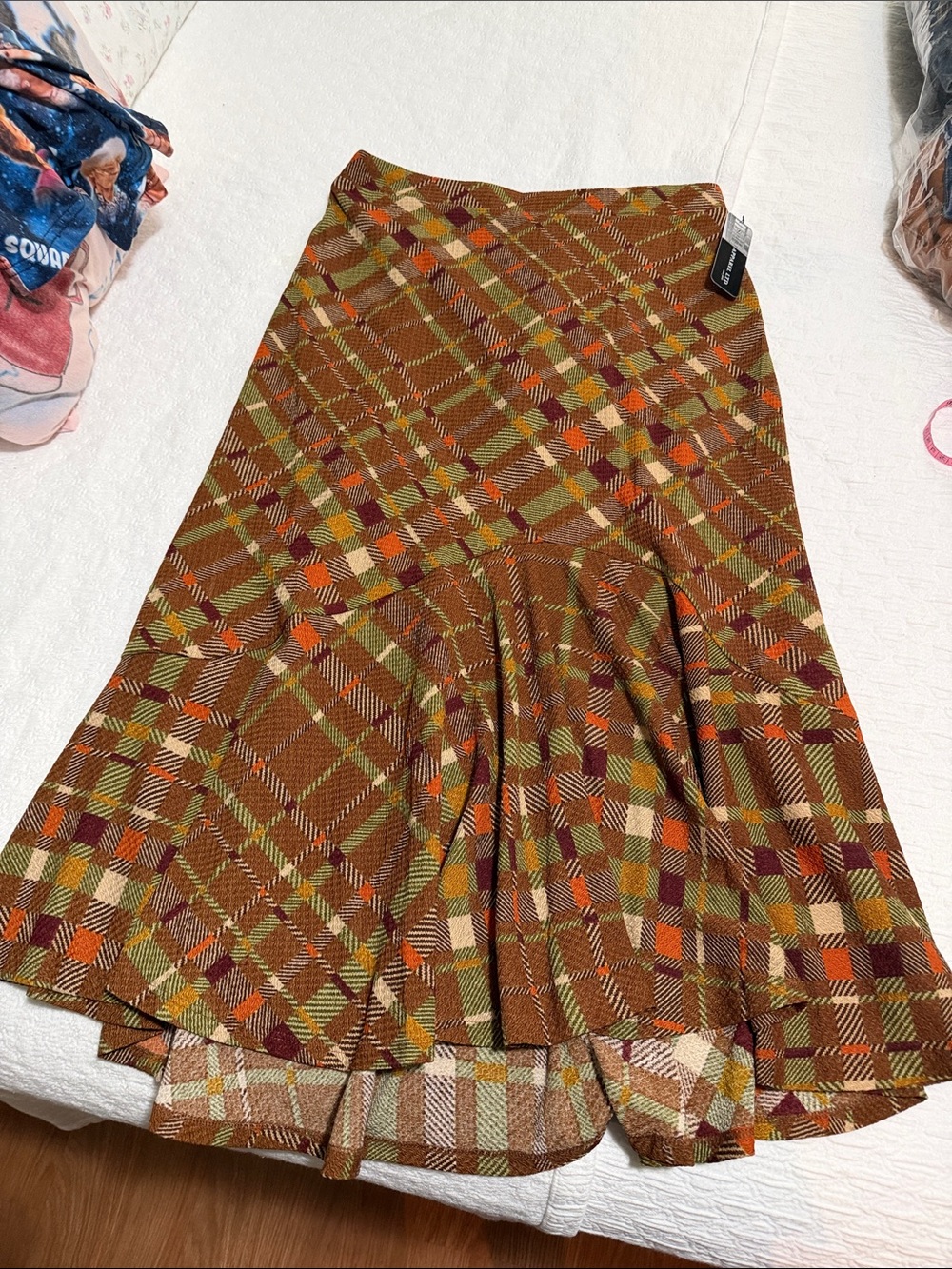 Soho Apparel Plaid Flared Midi Skirt in Brown, Orange and Green